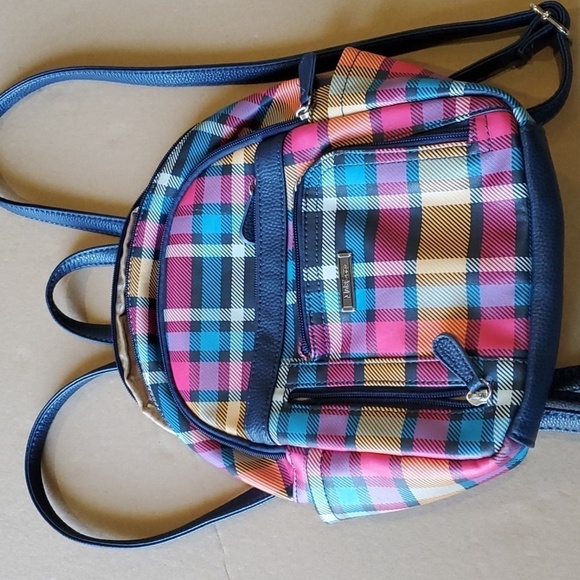 Multi Sac colorful plaid and navy backpack 9 pockets approx 12 X 11 - Picture 1 of 12